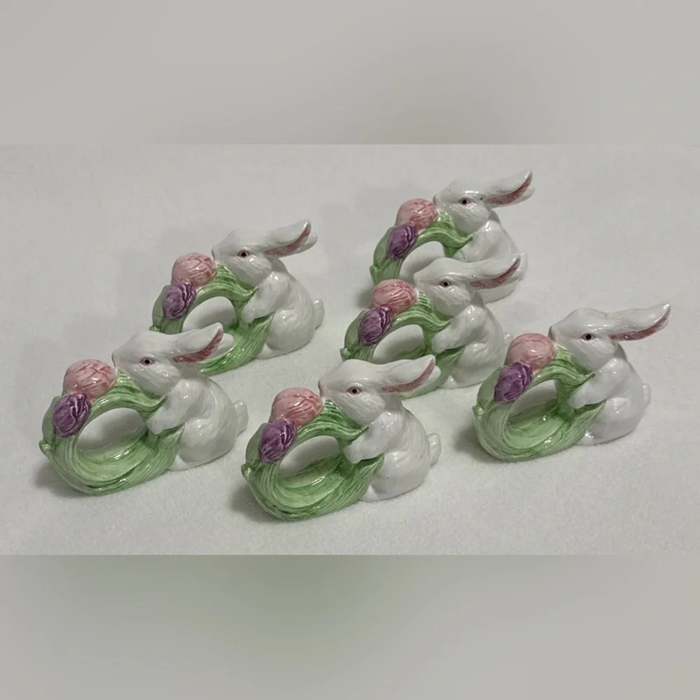 White Ceramic Bunny Napkin Rings with Pastel Tulip Wreath - Set of 6